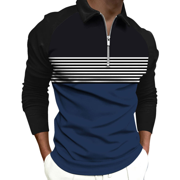 Striped Black Raglan Polo Shirt Printed Simple Zipper Lapel Long Sleeve T-shirt Men - Muhaab