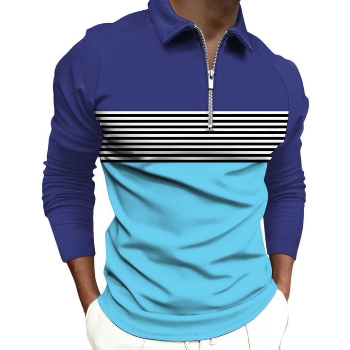 Striped Black Raglan Polo Shirt Printed Simple Zipper Lapel Long Sleeve T-shirt Men - Muhaab