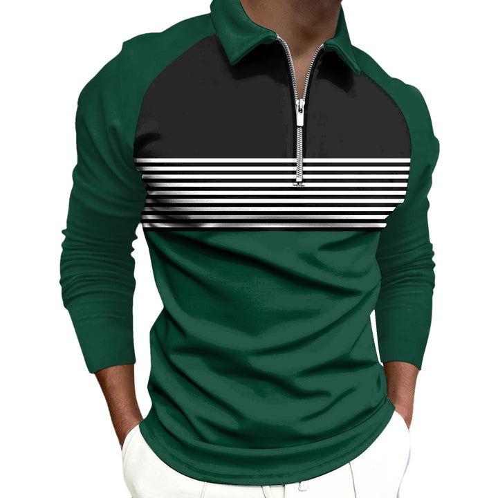 Striped Black Raglan Polo Shirt Printed Simple Zipper Lapel Long Sleeve T-shirt Men - Muhaab