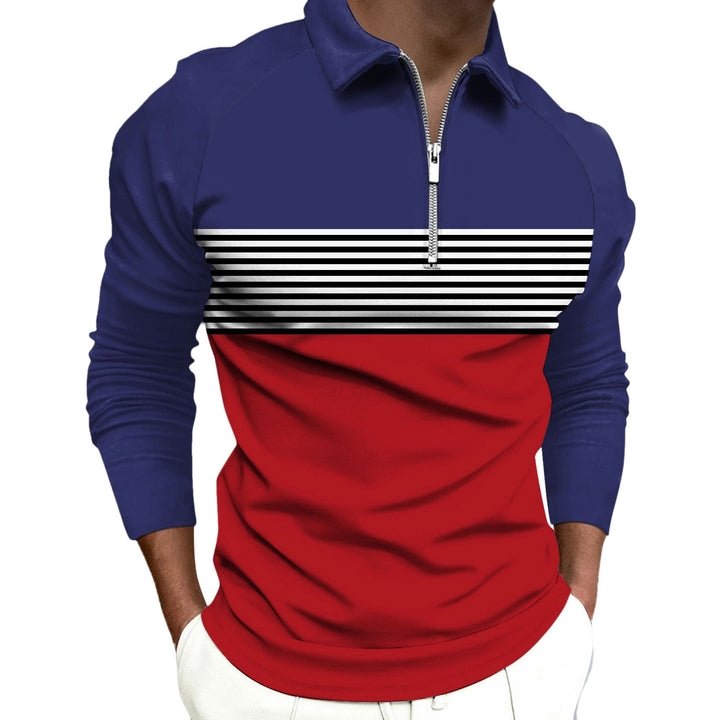 Striped Black Raglan Polo Shirt Printed Simple Zipper Lapel Long Sleeve T-shirt Men - Muhaab