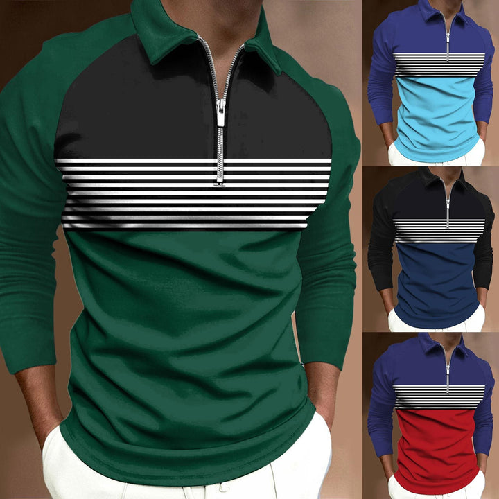 Striped Black Raglan Polo Shirt Printed Simple Zipper Lapel Long Sleeve T-shirt Men - Muhaab