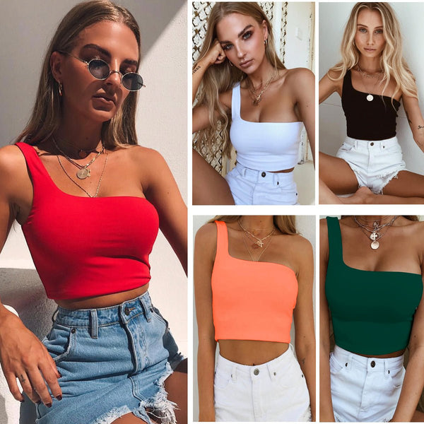 Summer Sexy One-shoulder Vest Crop Top Sleeveless T-Shirt Tank Tops Women Clothing - Muhaab