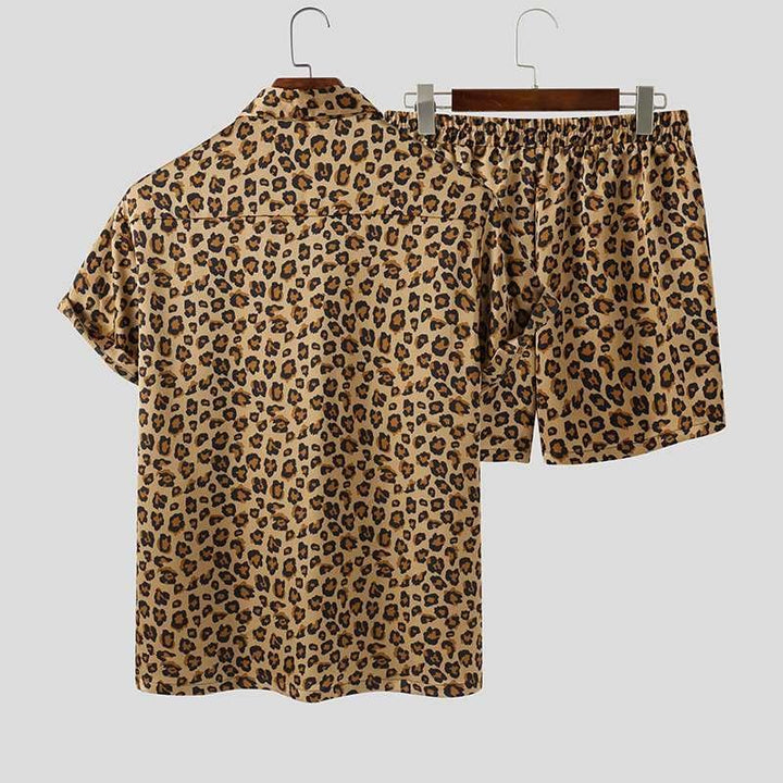 Summer Wear Men Sets Leopard Printed Lapel Short Sleeve - Muhaab