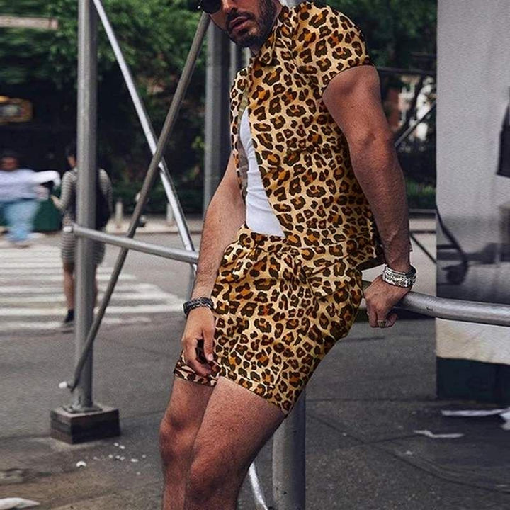 Summer Wear Men Sets Leopard Printed Lapel Short Sleeve - Muhaab