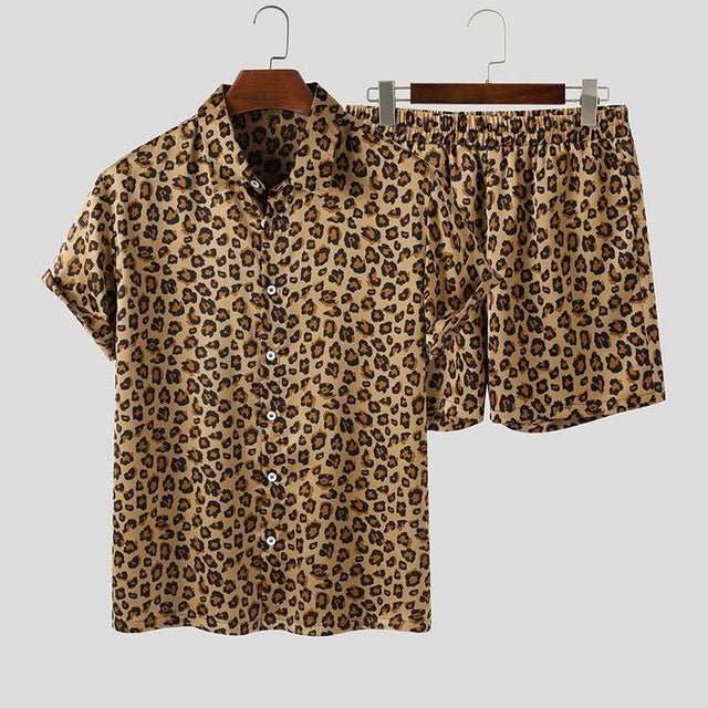 Summer Wear Men Sets Leopard Printed Lapel Short Sleeve - Muhaab