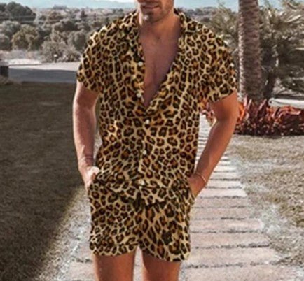 Summer Wear Men Sets Leopard Printed Lapel Short Sleeve - Muhaab