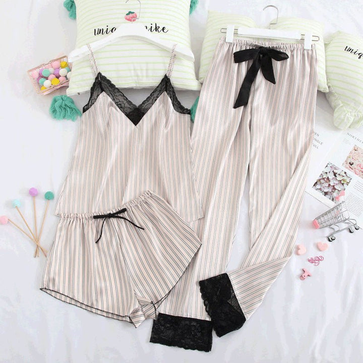 Thin Sling Home Pajamas Set Spring And Summer Three-Piece Pajamas Ladies V-Neck Silk Casual Home Wear Europe And America - Muhaab