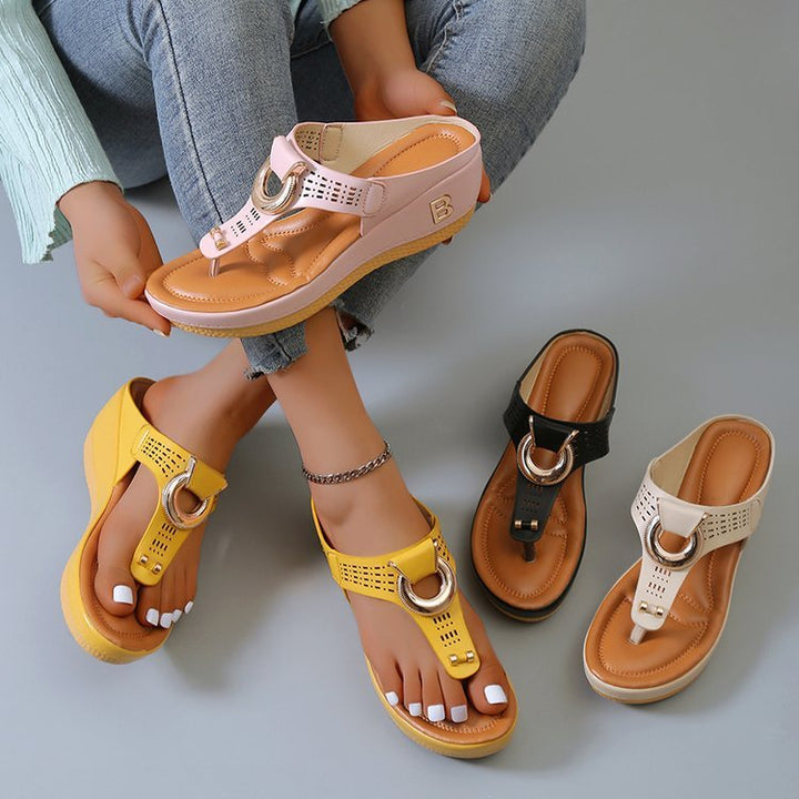 Thong Sandals Women High Heel Wedges Shoes Flip Flops Metal Decorative Slides Slippers - Muhaab