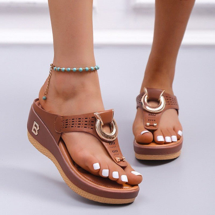 Thong Sandals Women High Heel Wedges Shoes Flip Flops Metal Decorative Slides Slippers - Muhaab