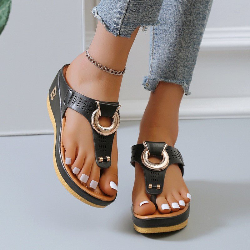 Thong Sandals Women High Heel Wedges Shoes Flip Flops Metal Decorative Slides Slippers - Muhaab