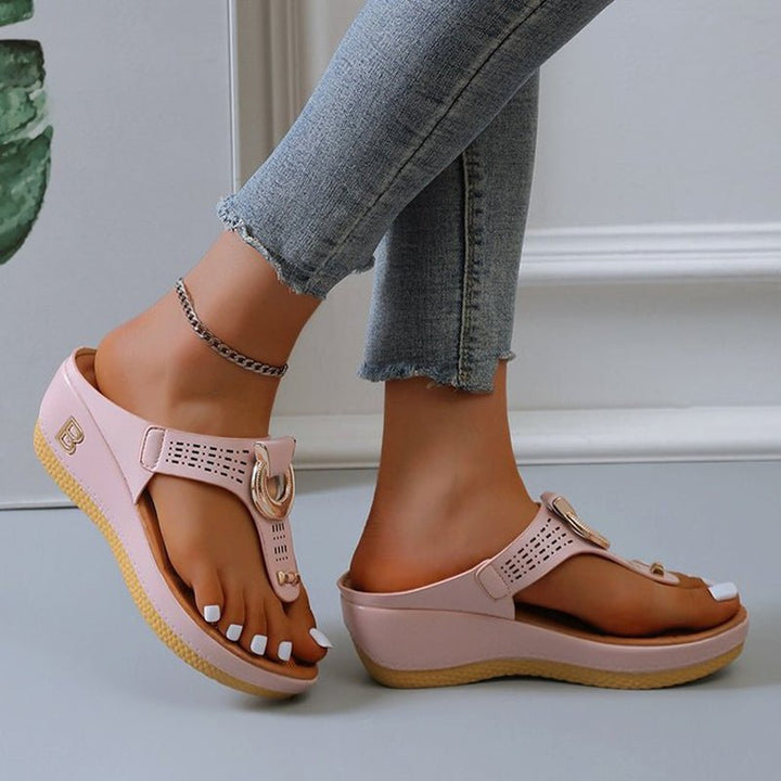 Thong Sandals Women High Heel Wedges Shoes Flip Flops Metal Decorative Slides Slippers - Muhaab