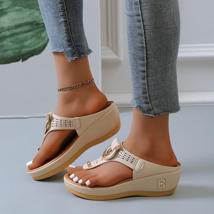 Thong Sandals Women High Heel Wedges Shoes Flip Flops Metal Decorative Slides Slippers - Muhaab