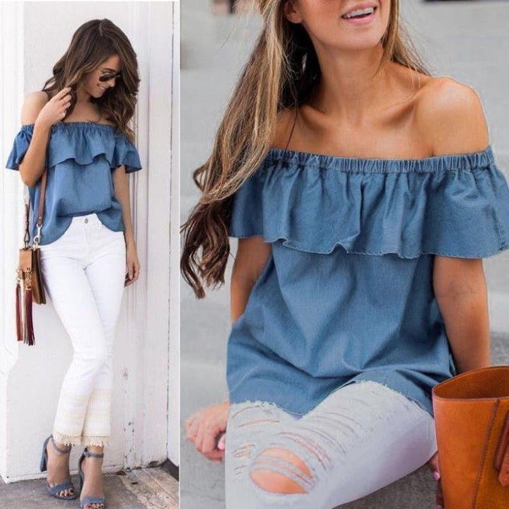 Women Off Shoulder Tops T-Shirts Summer Casual Cotton Denim - Muhaab