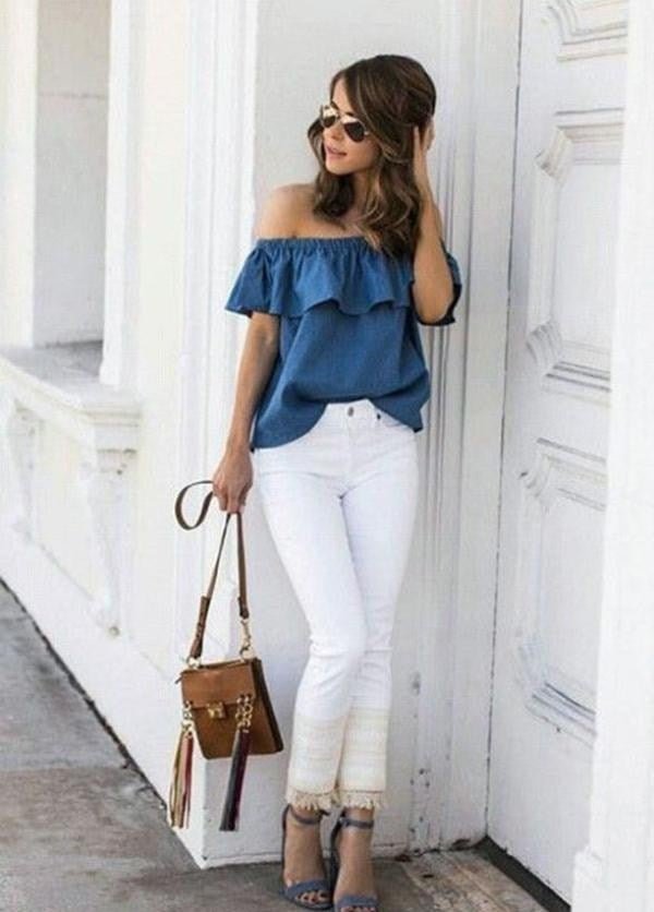 Women Off Shoulder Tops T-Shirts Summer Casual Cotton Denim - Muhaab