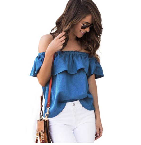 Women Off Shoulder Tops T-Shirts Summer Casual Cotton Denim - Muhaab