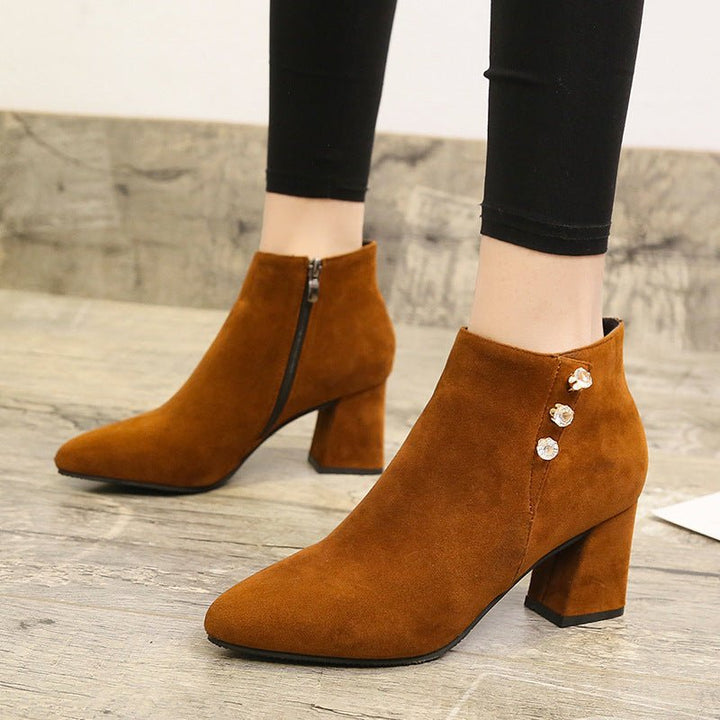 Women Pointed Thick Heel Martin Boots - Muhaab