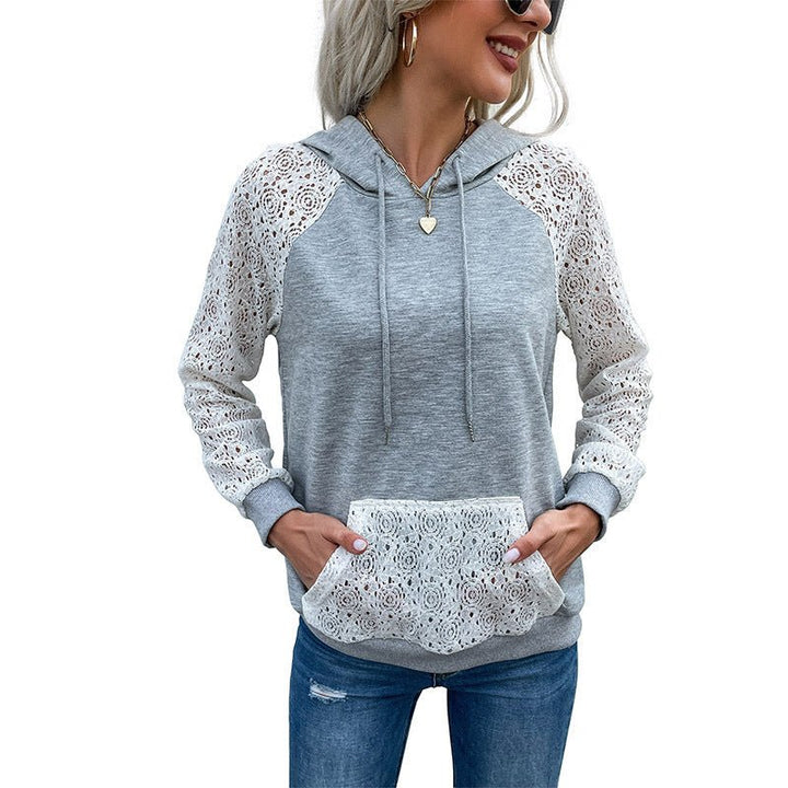 Women's Pullover Hooded Lace Panel Sweatshirt - Muhaab