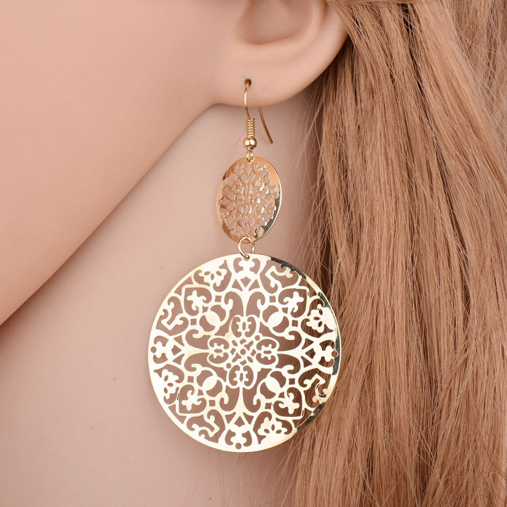 Womens Round Hollow Earrings Gold Filled Dangle Earrings Drop Earing Jewelry - Muhaab