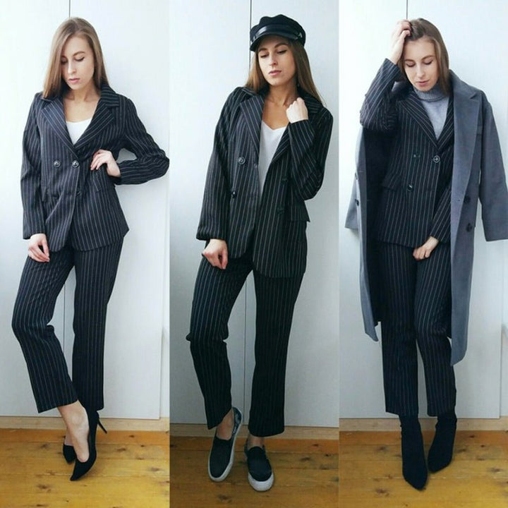 Work Pant Suits OL Piece Sets Double Breasted Striped - Muhaab