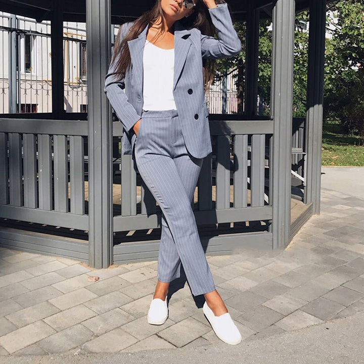 Work Pant Suits OL Piece Sets Double Breasted Striped - Muhaab