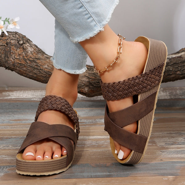 Woven Cross-strap Slippers Summer Platform Sandals Women Flat Beach Shoes - Muhaab