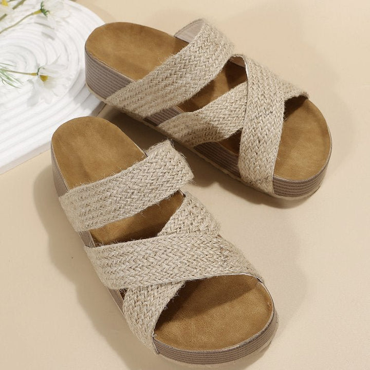 Woven Cross-strap Slippers Summer Platform Sandals Women Flat Beach Shoes - Muhaab